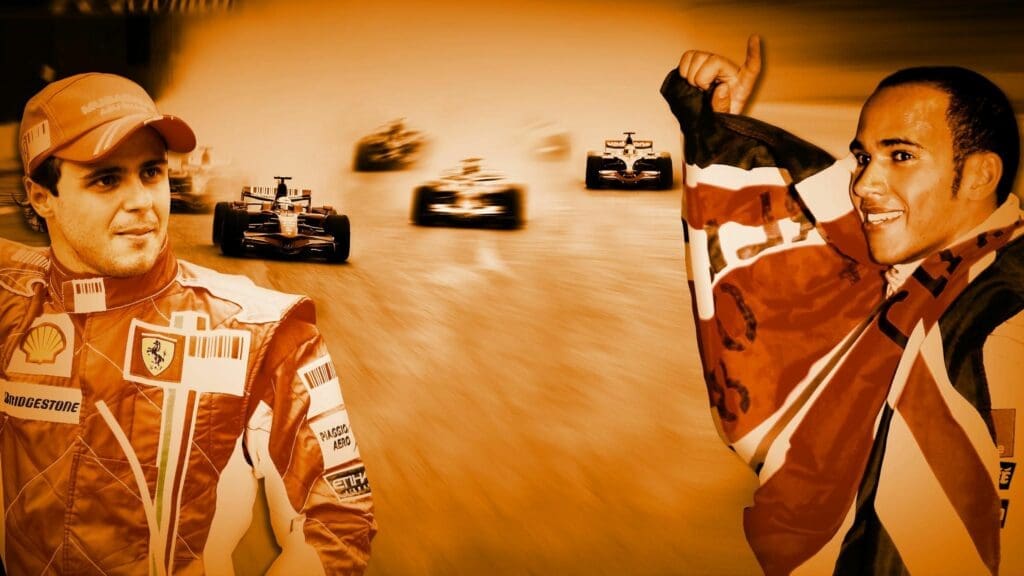 Felipe Massa contro Lewis Hamilton nel 2008, nel gp del Brasile a Interlagos