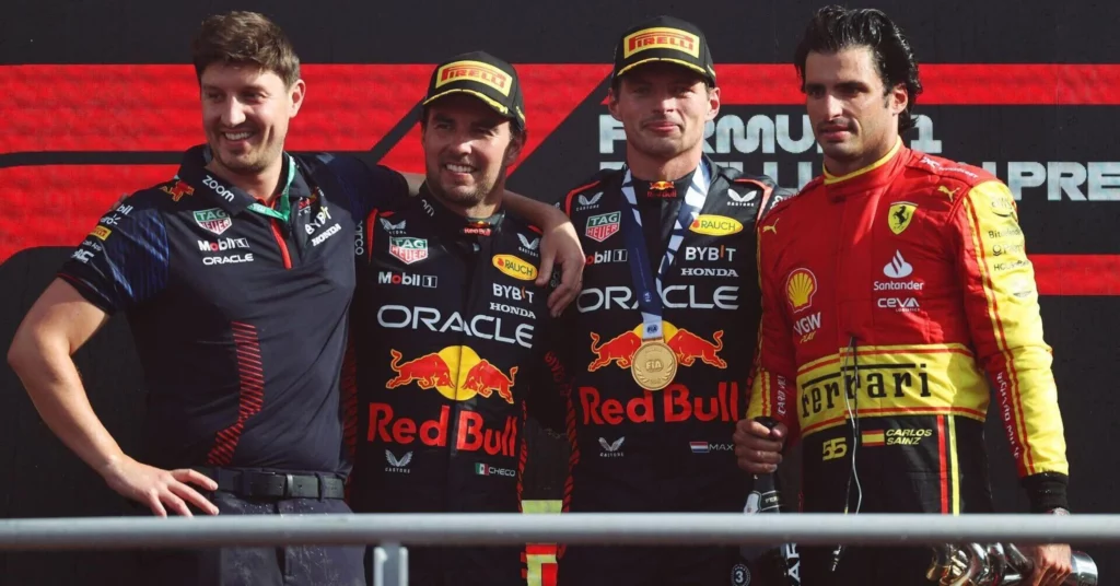 Il podio del GP d'Italia 2023 a Monza, vinto da Max Verstappen su Red Bull