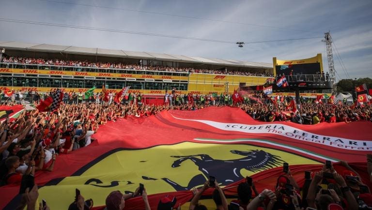 The historic "Scuderia Ferrari" emblem, missing since Monday, from under the podium at Monza.