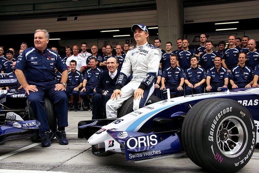 Foto del team Williams con Patrick Head, Sir Frank Williams e Nico Rosberg