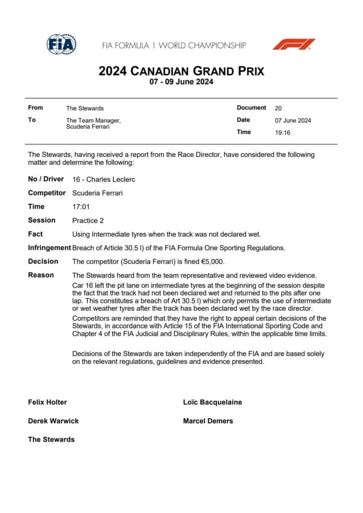 La FIA multa la Ferrari per aver violato l'articolo 30.5 I) del regolamento.