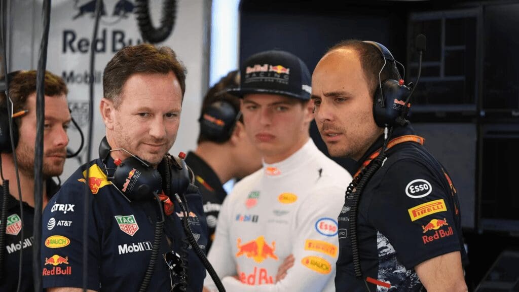 Max Verstappen and Giampiero Lambiase, with Christian Horner