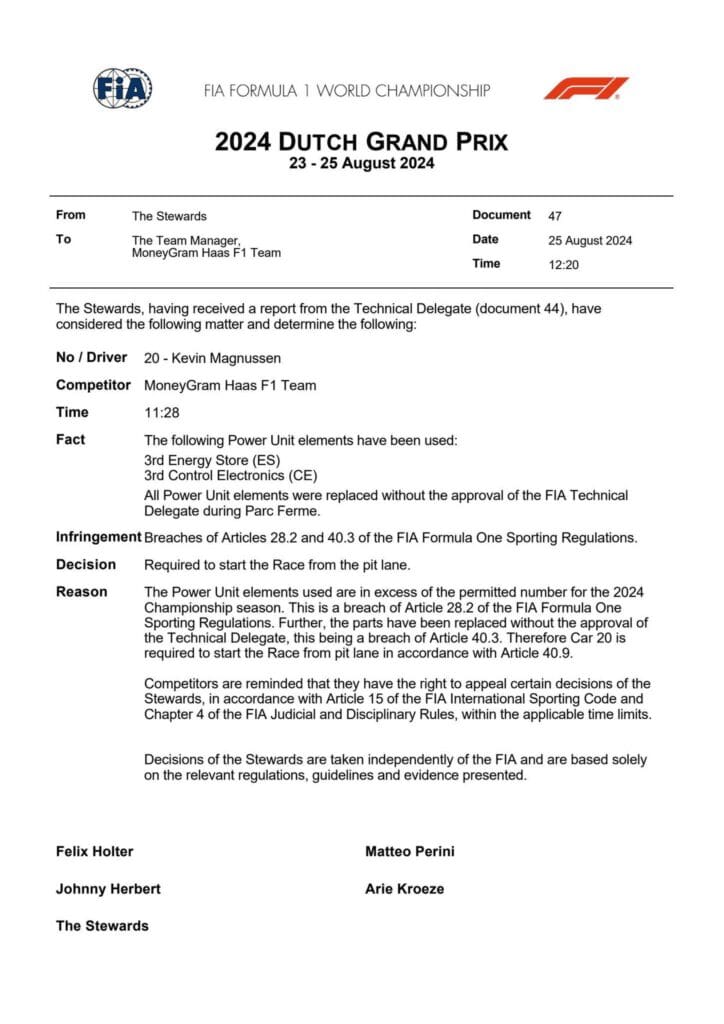 Kevin Magnussen parte dalla pit-lane: cambia la griglia di Formula 1