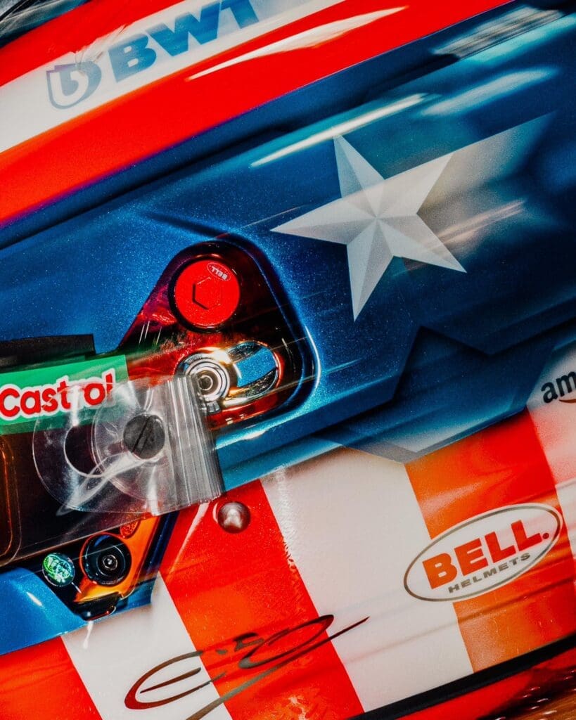 Esteban Ocon's helmet during the Las Vegas Grand Prix dedicated to Captain America.