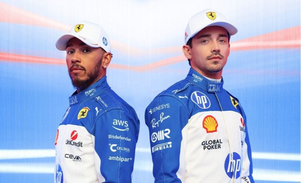 Ferrari unveils the race suits for the Miami Grand Prix: white and blue stand out.<br>