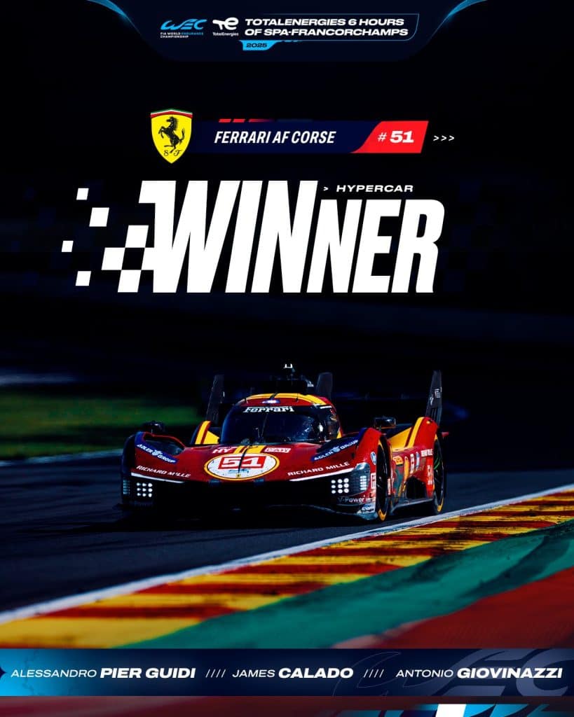 6h di Spa 2025: è DOPPIETTA Ferrari, vincono Pier Guidi, Calado e Giovinazzi!
