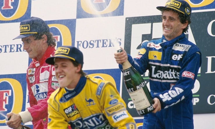 May 9, 1993, Spain: the first and only podium shared by Prost, Senna, and Schumacher.
