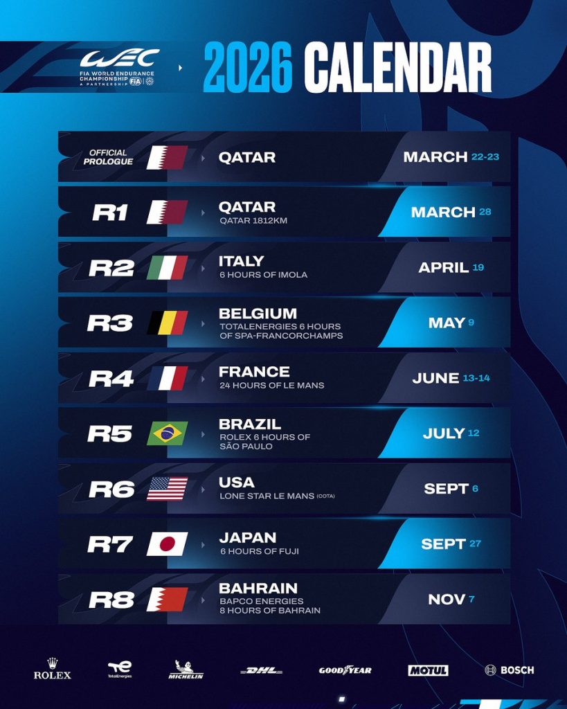 Calendario WEC 2026: si parte in Qatar, tripletta europea con Le Mans, poi doppietta americana, Giappone e si conclude in Bahrain!