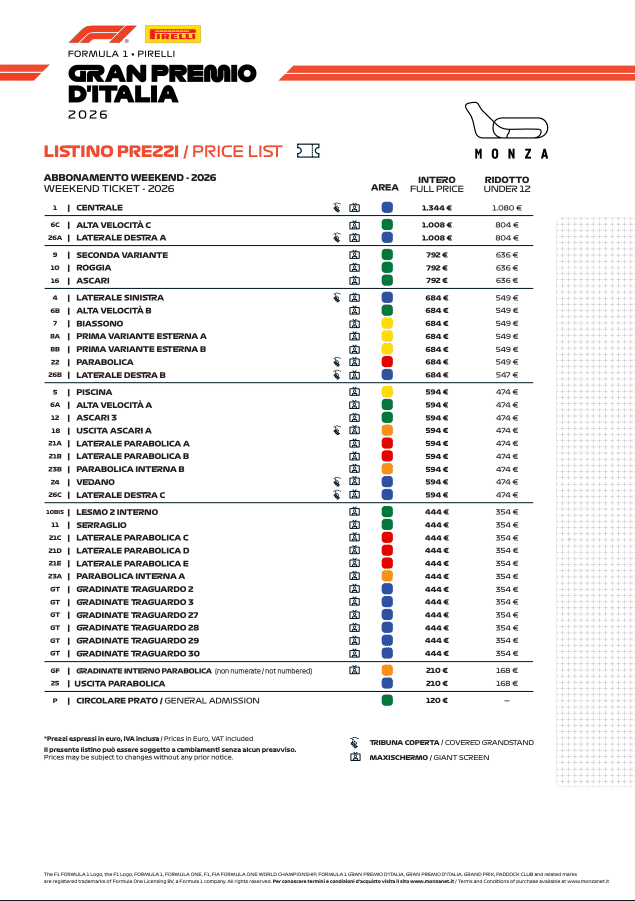 Listino Prezzi Monza 2026 - Gli abbonamenti