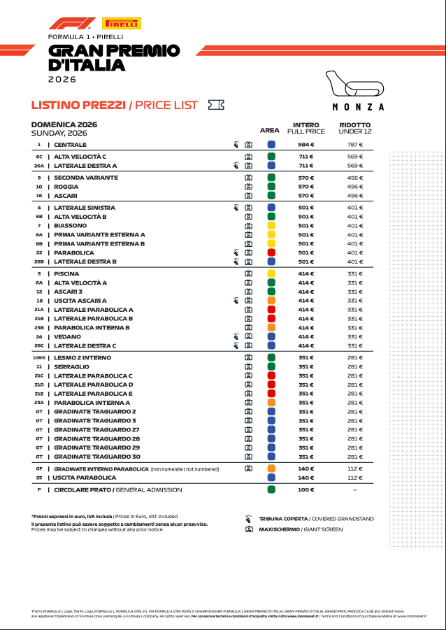 Listino Prezzi Monza 2026 - La domenica