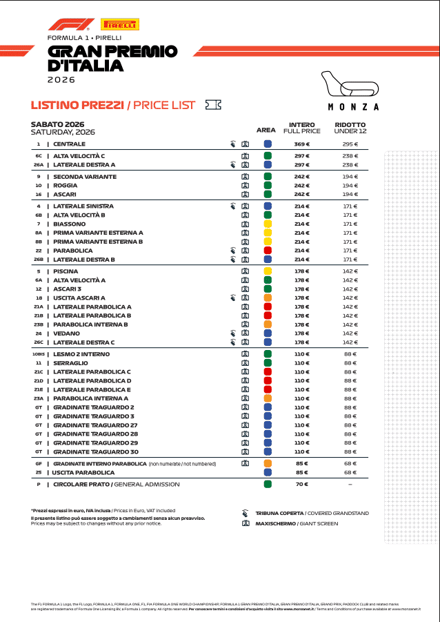 Listino Prezzi Monza 2026 - Il sabato
