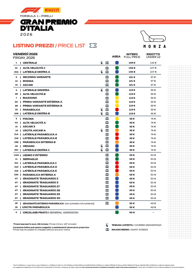 Listino Prezzi Monza 2026 - Il venerdì