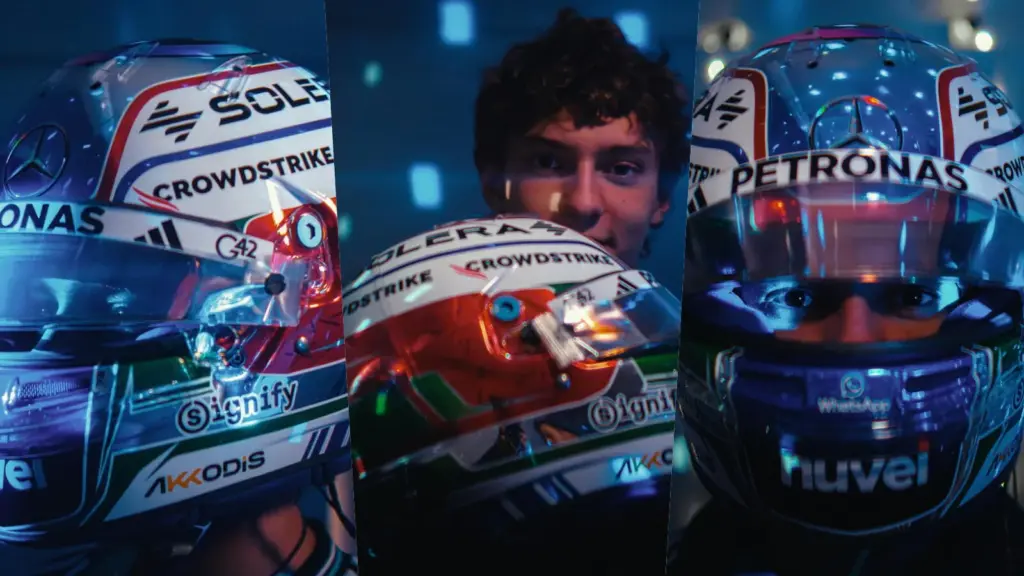 Mercedes, presentato il casco speciale di Kimi Antonelli per Las Vegas: FOTO