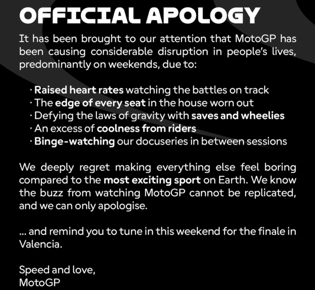 MotoGP a Valencia: il comunicato di scuse prima dell'ultimo round, ma... è tutto uno scherzo