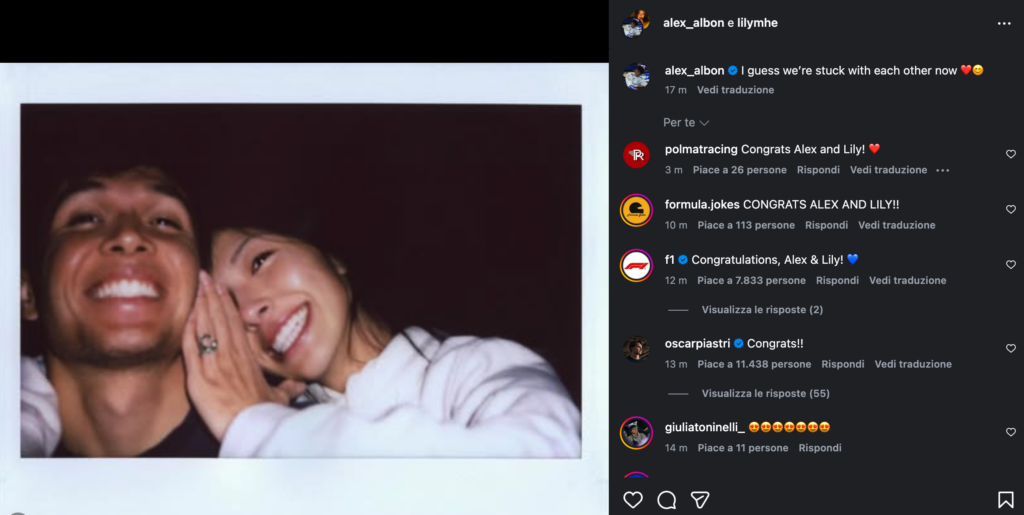 Alex Albon si sposa: l'annuncio su Instagram assieme a Lily Muni He!