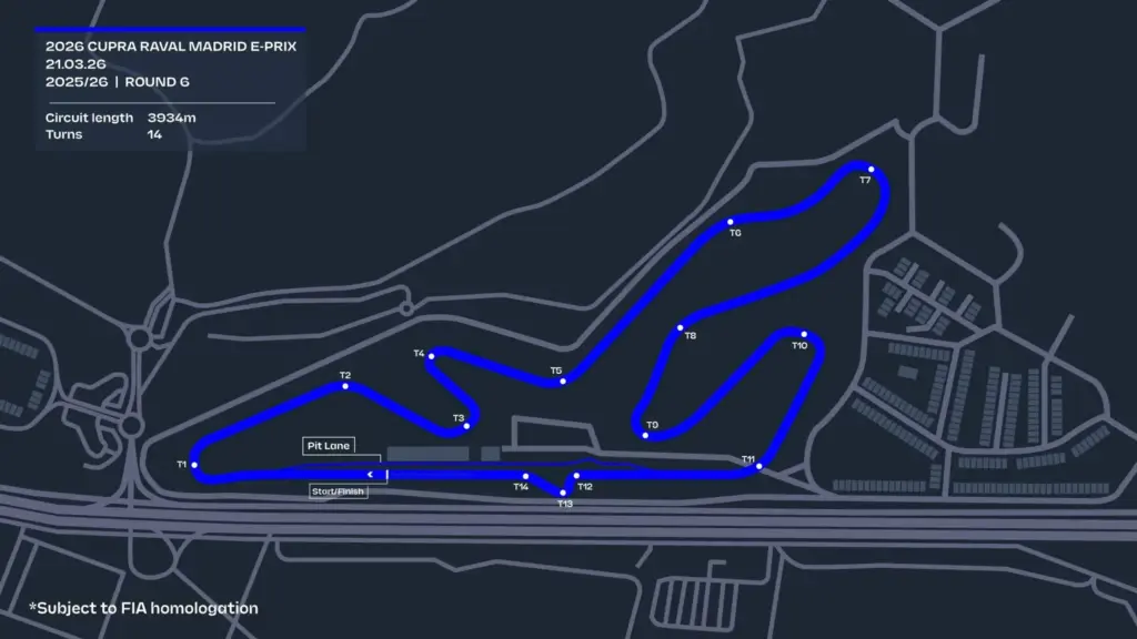 Il layout del circuito di Jarama che ospiterà la prima edizione dell'E-Prix di Madrid - PH: ABB FIA Formula E.