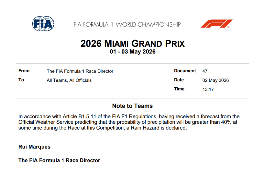 f1 la fia dichiara il rain hazard gp miami